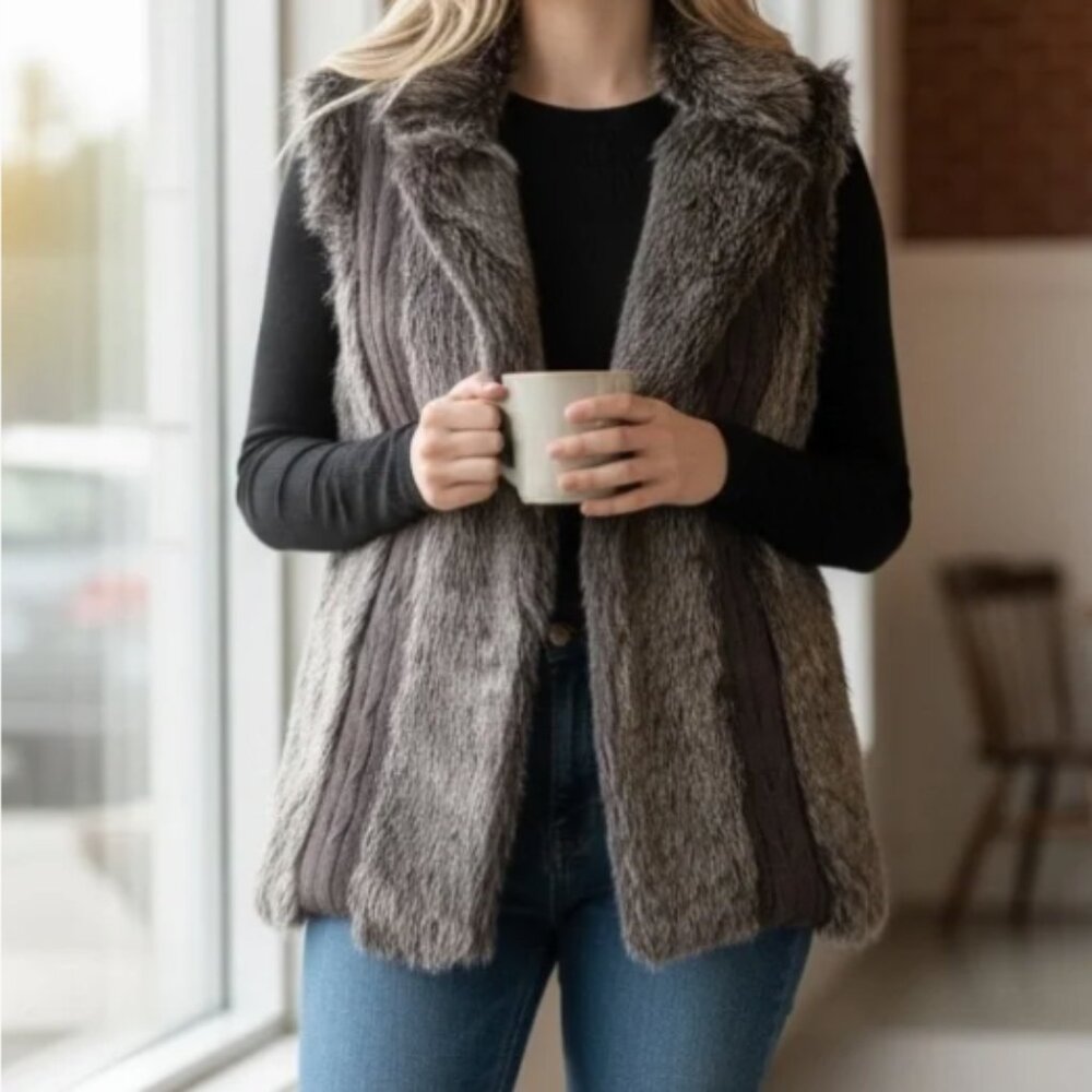 XOXO Faux Fur Vest with Sweater Knit Accents Brown Sz M 261i